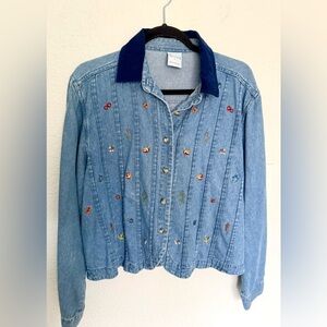 Cascade Blues Vintage 90s Denim Embroidered Leaf Autumn Fall Acorn Floral Shirt